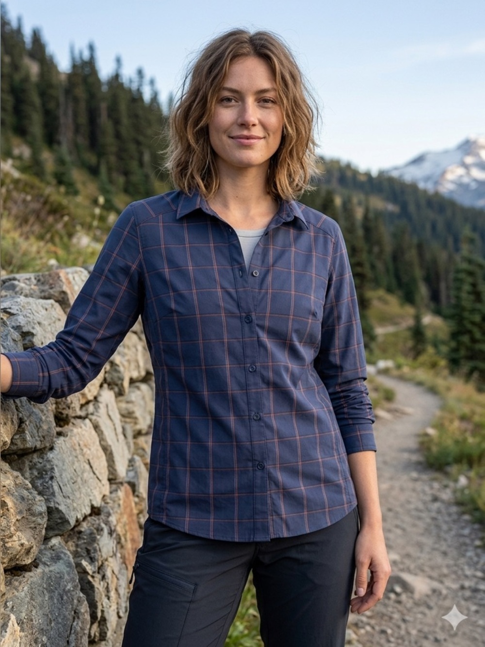 Arc'teryx Navy Button-Down Shirt with orange Windowpane